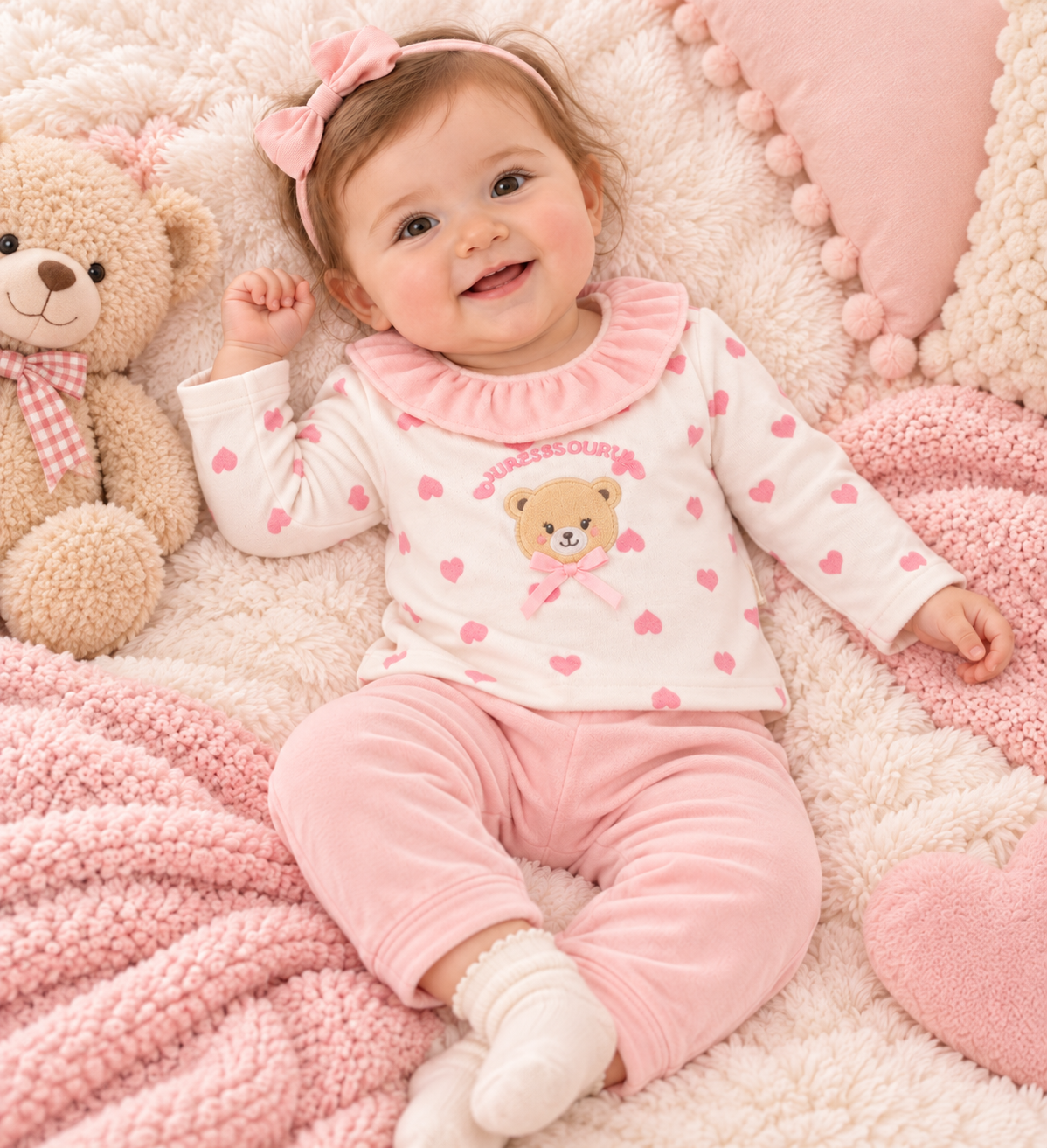Babyoutfit Samt Rosa Herzmuster