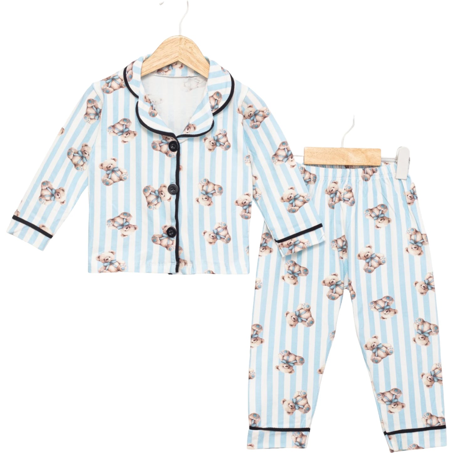 Baby & Kinder Pyjama Set – Blau Gestreift mit Teddy Print 🧸 | Zweiteilig Schlafanzug Jungen