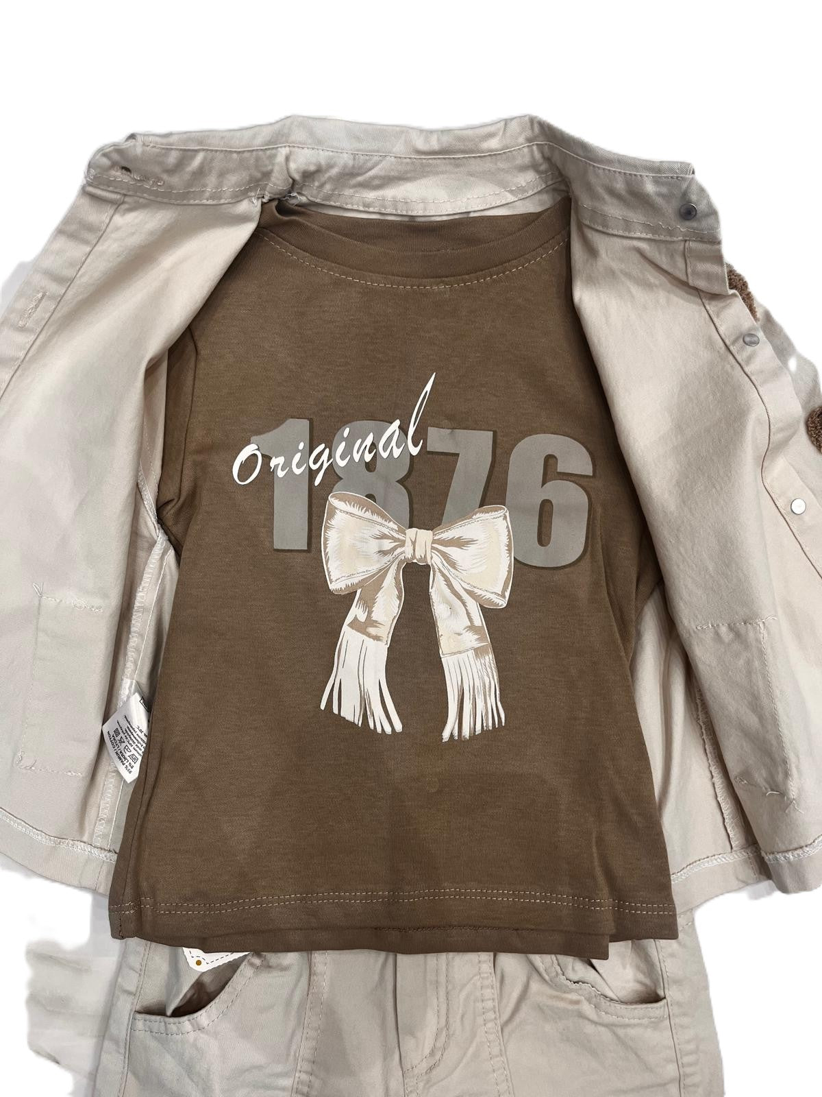 Mädchen 3-teiliges Set – Stylische Jacke, Shirt & Hose im Natur-Look 🧥✨