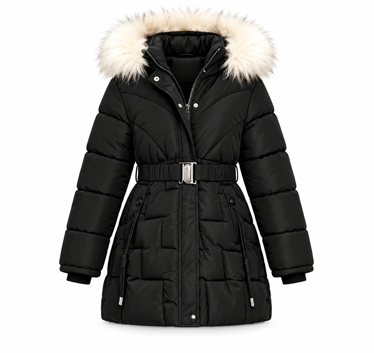 Mädchen Winterjacke mit Fellkapuze und Gürtel