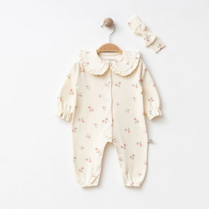 Strampler Creme Blumenmuster Haarband