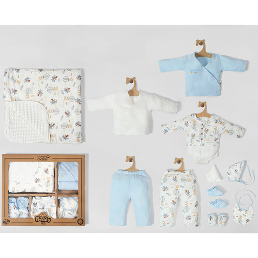 Baby-Erstlingsset 10-teilig – Blau/Weiß mit Decke, Kleidung & Accessoires