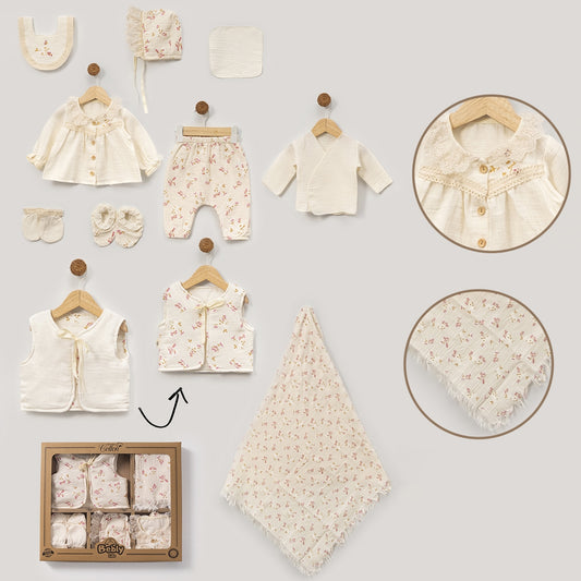 Baby-Erstlingsset 10-teilig aus Baumwolle – Creme/Rosa mit Decke, Kleidung & Accessoires