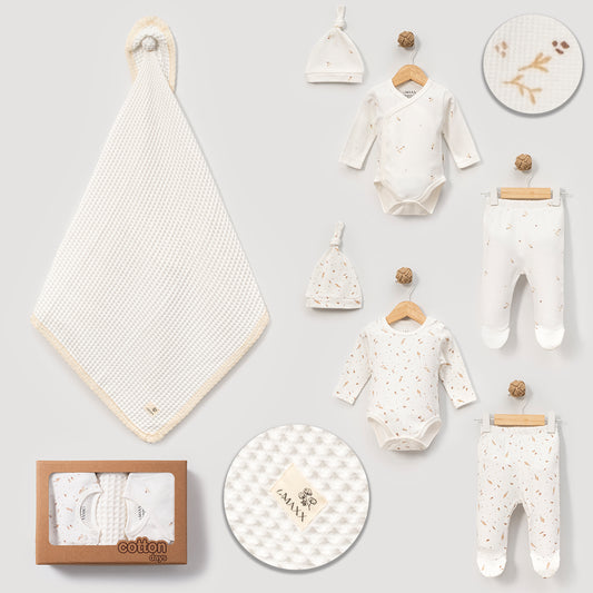 Unisex Baby Erstausstattungs-Set mit Decke | 7-teilig | Naturfarben & zartes Blattmuster