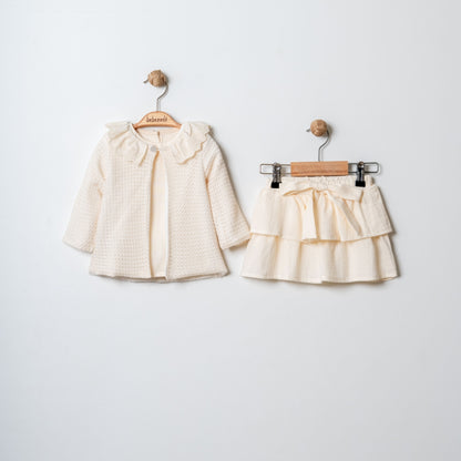 Mädchen Set – Rüschenrock & Jacke in Creme mit verspieltem Kragen