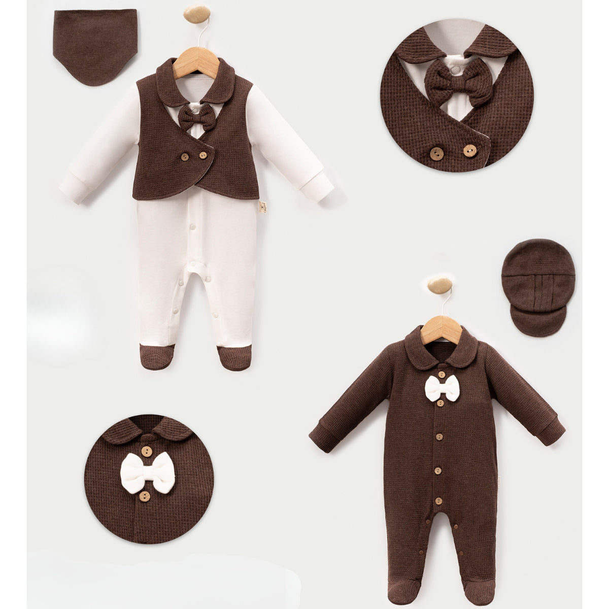 Baby Jungen Strampler Set | 4-teilig | 2 Strampler + 2 Mützen | Mit Fliege