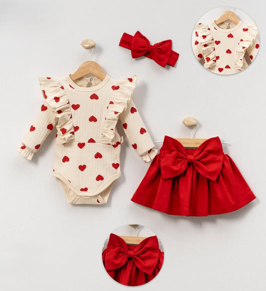 Baby Mädchen 3-teiliges Set – Body mit Herzchen, Rock mit Schleife & Haarband | 100% Baumwolle