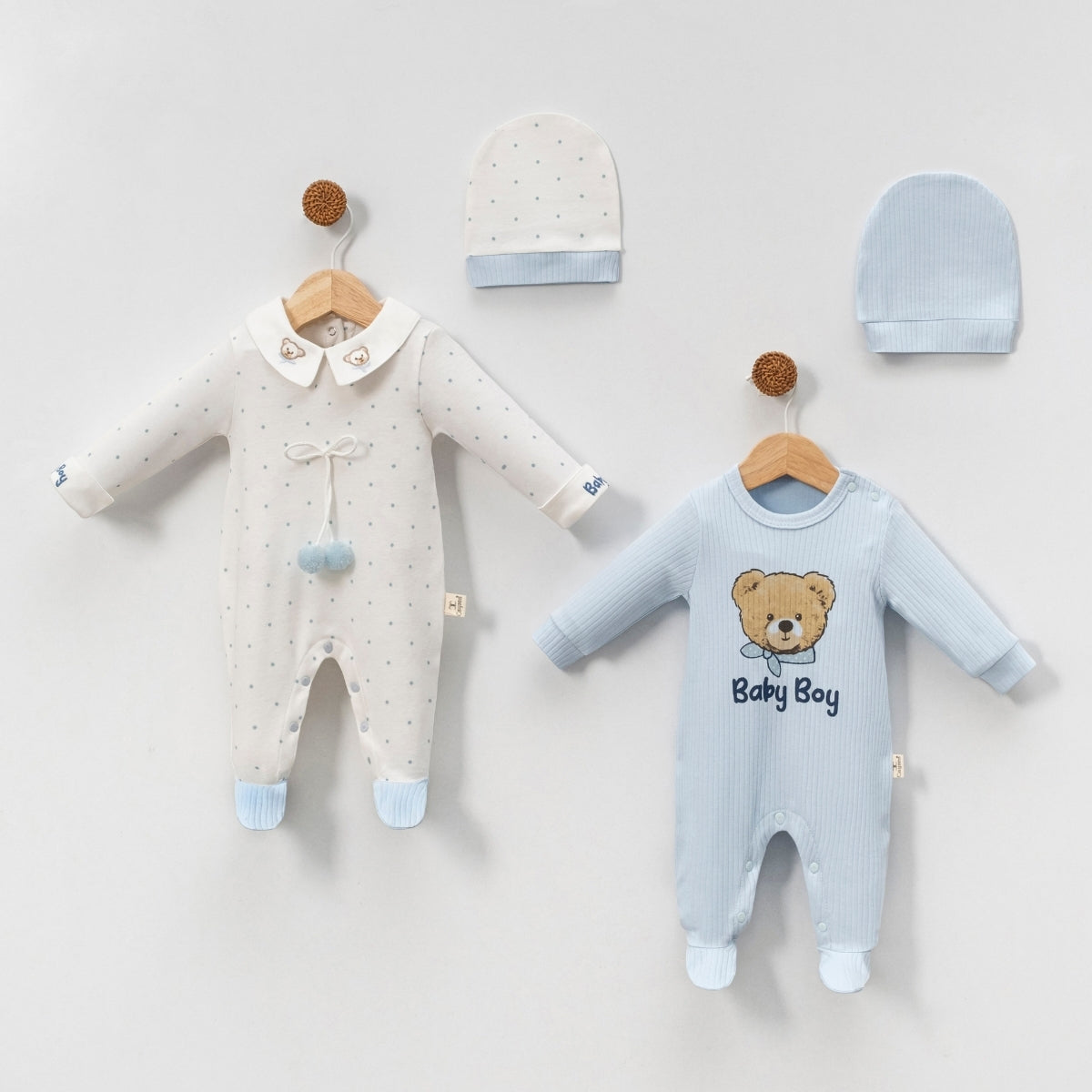 Baby Jungen Set | 2 Strampler & 2 Mützen | Süßes Neugeborenen Outfit
