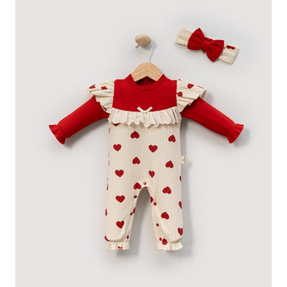 Süßer Baby Mädchen Strampler mit Herzen & Stirnband | Langarm | 2-teilig