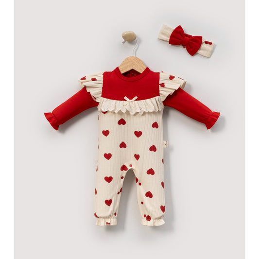 Süßer Baby Mädchen Strampler mit Herzen & Stirnband | Langarm | 2-teilig