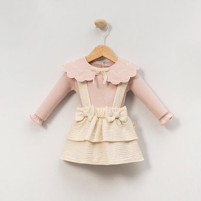 Baby Mädchen Outfit 2-teilig | Langarm-Body & Trägerrock mit Schleifen