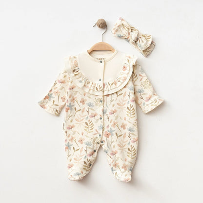 Baby-Strampler mit Stirnband – Langarm aus Baumwolle, Blumenmuster Creme/Rosa