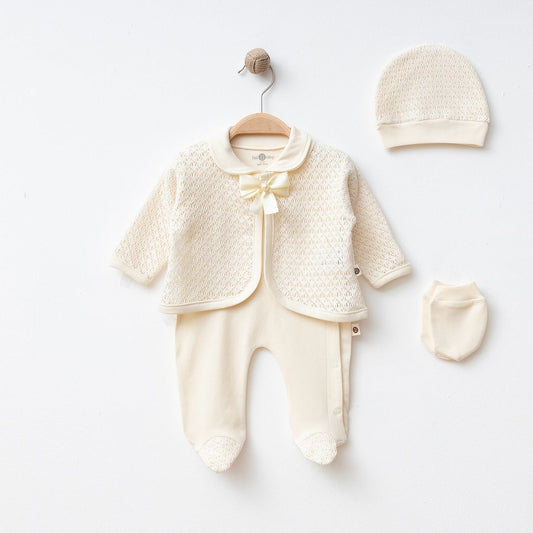 Baby Mädchen Set in Creme – Strampler mit Jäckchen, Mütze & Handschuhe
