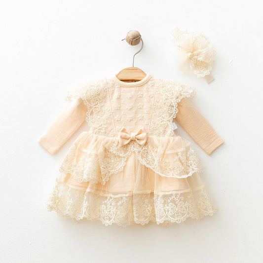Baby Mädchen Tauf- & Festkleid in Creme – Spitzenkleid mit Haarband