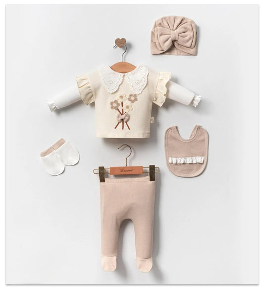 Baby 5-teiliges Erstlingsset – Langarmshirt, Hose, Mütze, Lätzchen & Handschuhe | 100% Baumwolle