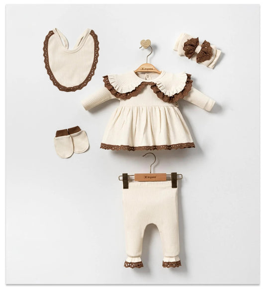 Baby Mädchen 5-teiliges Erstlingsset – Creme mit brauner Spitze | 100% Baumwolle
