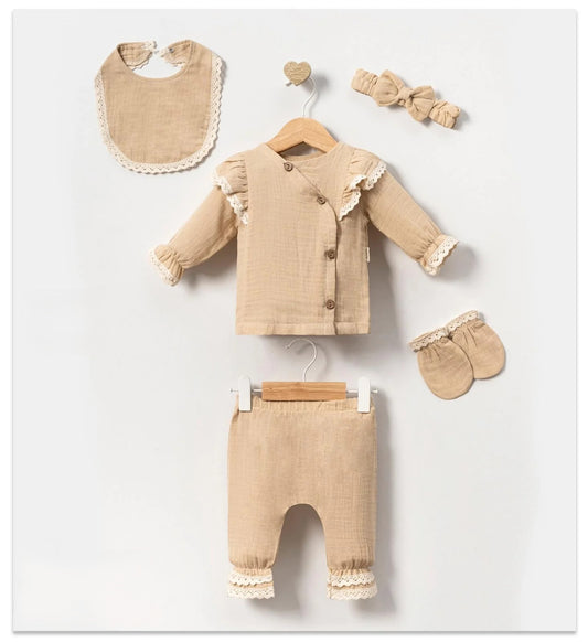 Baby Mädchen 5-teiliges Erstlingsset – Muselin Outfit mit Spitze | 100% Baumwolle