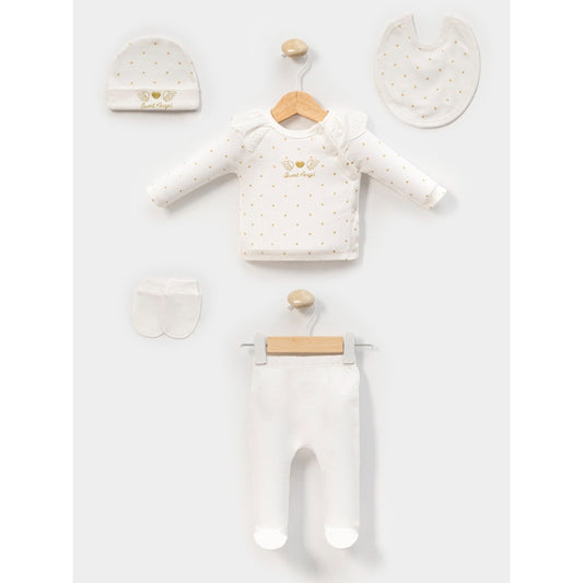 Süßes Baby Mädchen Erstlingsset 5-teilig | Weiß mit Goldpunkten | Sweet Angel