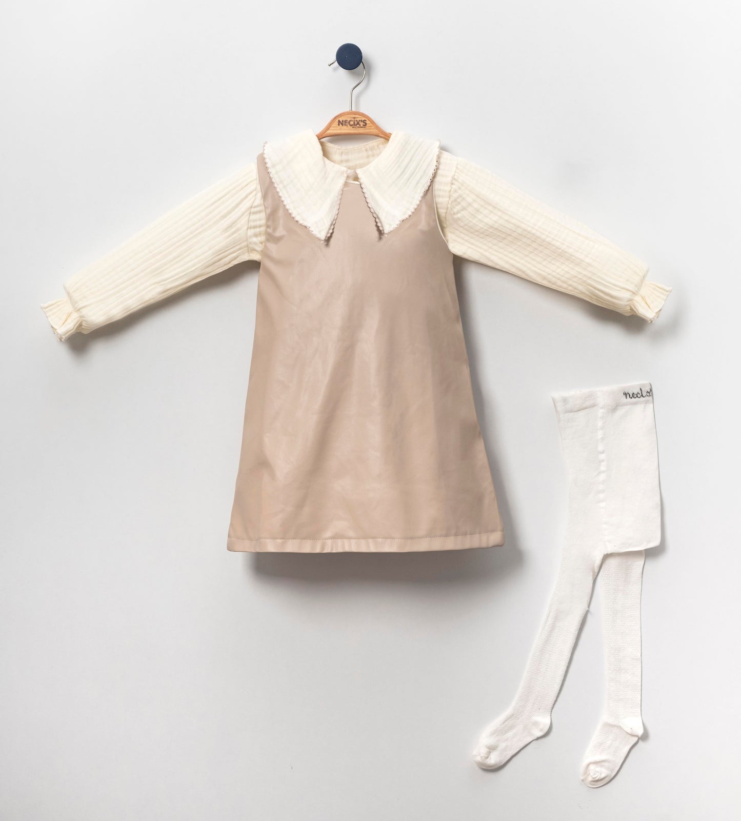 Baby & Kinder 3-teiliges Outfit – Kleid mit Musselin-Oberteil & Strumpfhose | Beige & Weiß