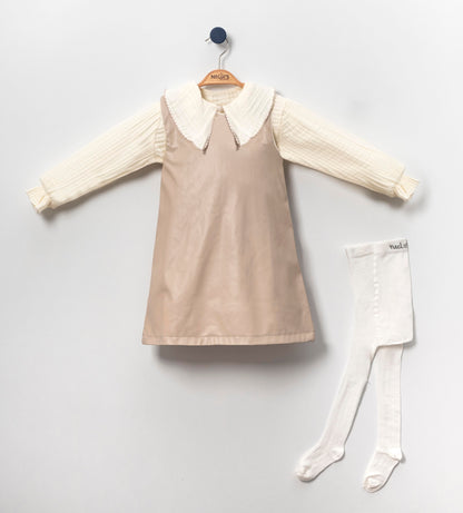 Baby & Kinder 3-teiliges Outfit – Kleid mit Musselin-Oberteil & Strumpfhose | Beige & Weiß
