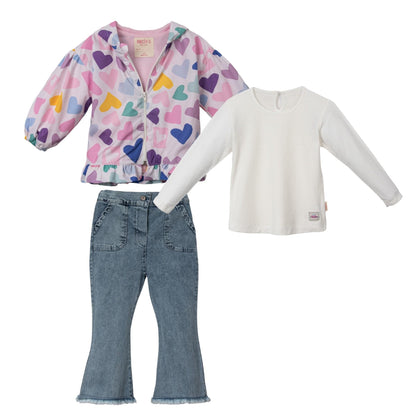 Mädchen 3-teiliges Outfit – Herzchen-Jacke, Langarmshirt & Jeans