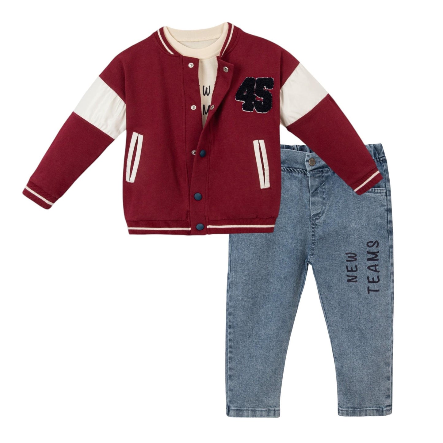 Jungen 3-teiliges Outfit – College Jacke, Langarmshirt & Jeans