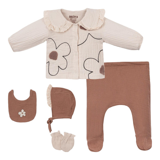 Baby 5-teiliges Erstlingsset aus Musselin – Bluse, Hose, Mütze, Lätzchen & Fäustlinge