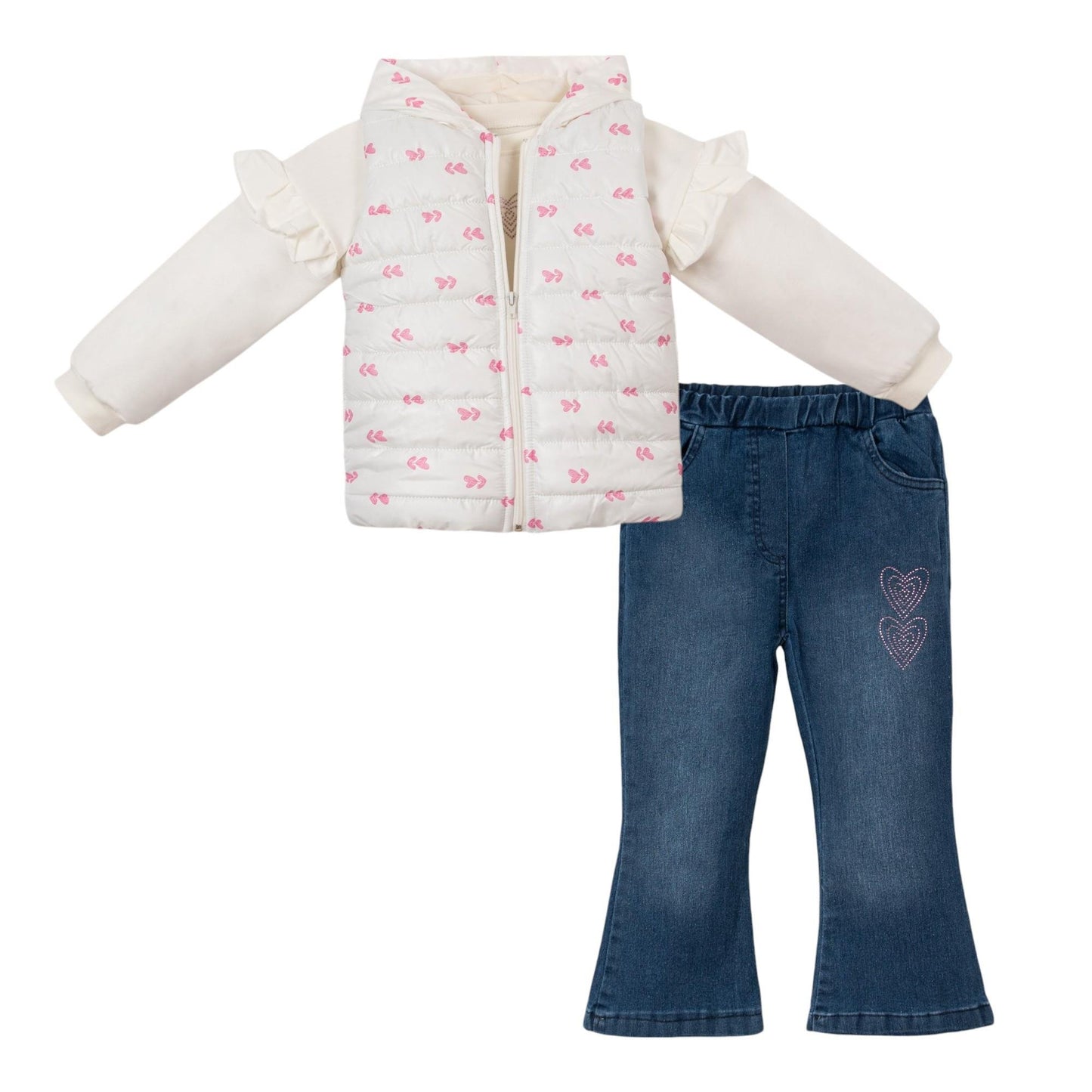 Mädchen 3-teiliges Set – Weste, Langarmshirt & Jeanshose | Stylisch & bequem