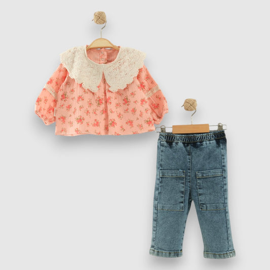 Mädchen 2-teiliges Set – Bluse mit Häkelkragen & Jeanshose | 100% Baumwolle