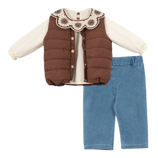 Mädchen 3-teiliges Outfit – Bluse mit Stickerei, Weste & Hose | Herbst-Look