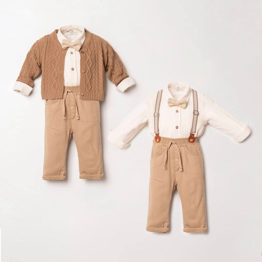 Elegantes 5-teiliges Baby Jungen Set – Hose, Hemd, Hosenträger, Fliege & Strickjacke 👶✨