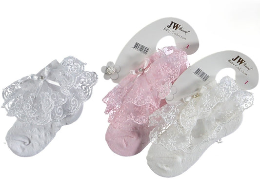 Mädchen Söckchen mit Spitze & Schleife – Rosa, Weiß & Creme