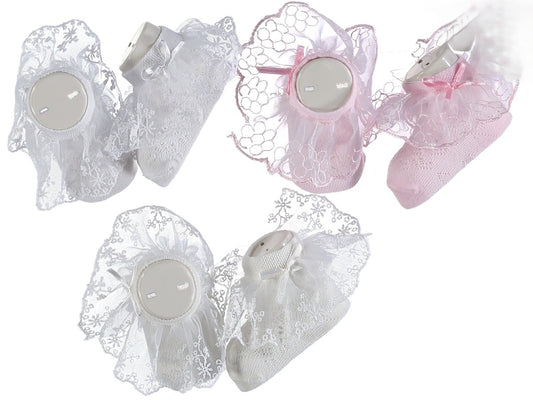 Baby Söckchen mit Spitze & Schleife – Creme, Weiß & Rosa – Gr. 62/68