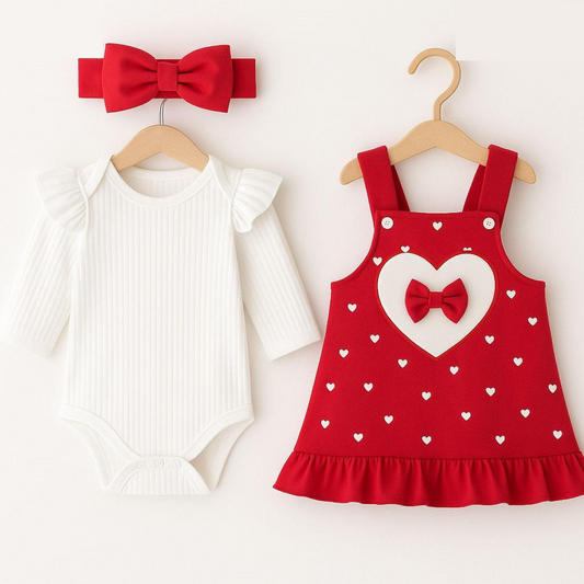 Baby Outfit 3-teilig – Strampler, Latzkleid & Haarband in Rot & Weiß