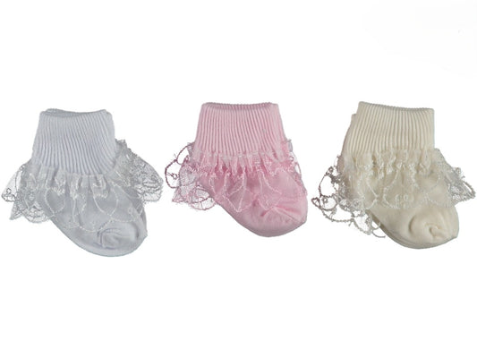 Babysocken 3er Pack – mit Spitze in Weiß, Rosa & Creme
