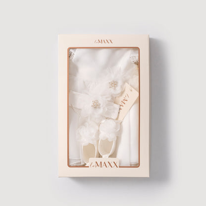 Elegantes Baby Mädchen Kleid Set – 3-teilig | Festkleid inkl. Stirnband & Schuhe | Weiß