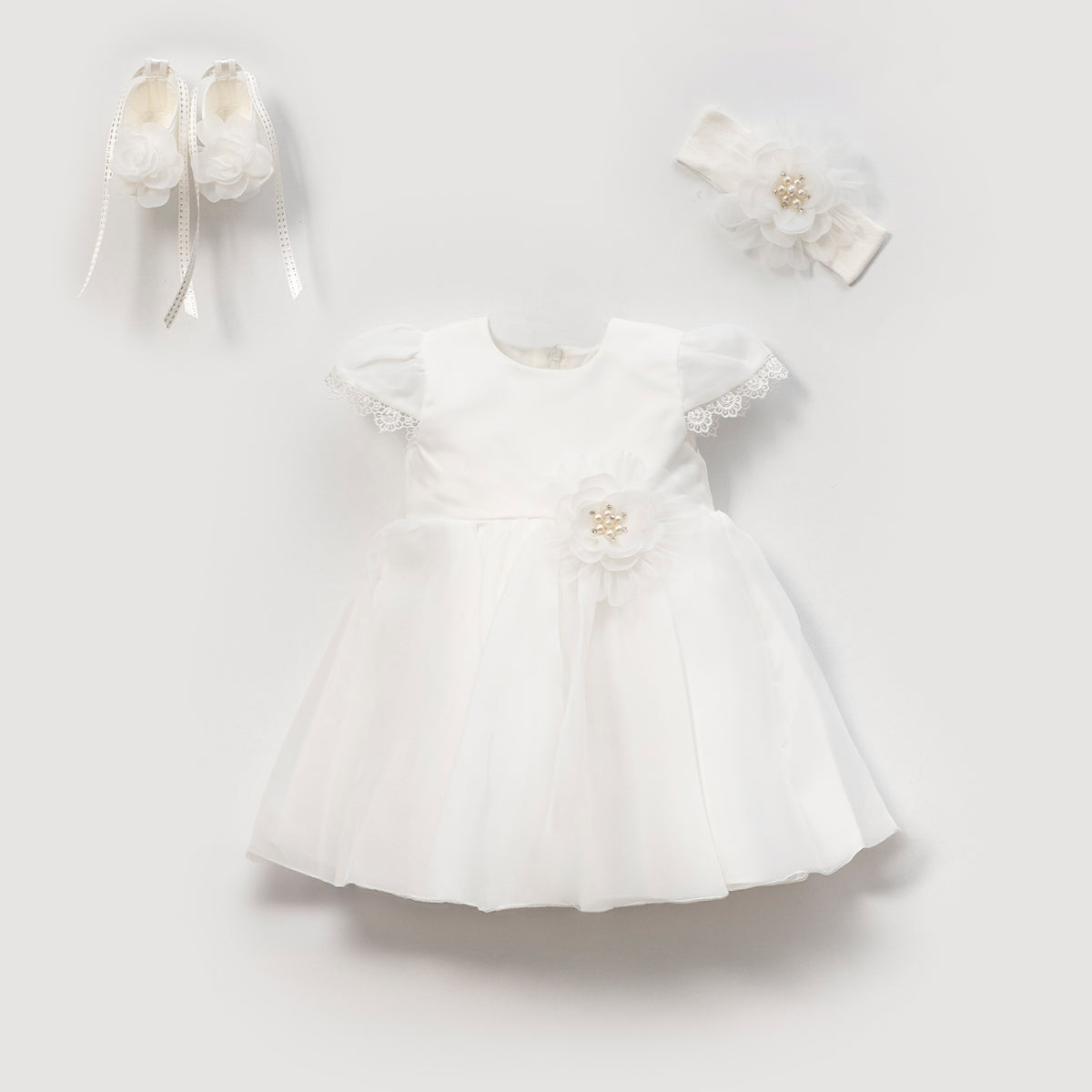 Elegantes Baby Mädchen Kleid Set – 3-teilig | Festkleid inkl. Stirnband & Schuhe | Weiß