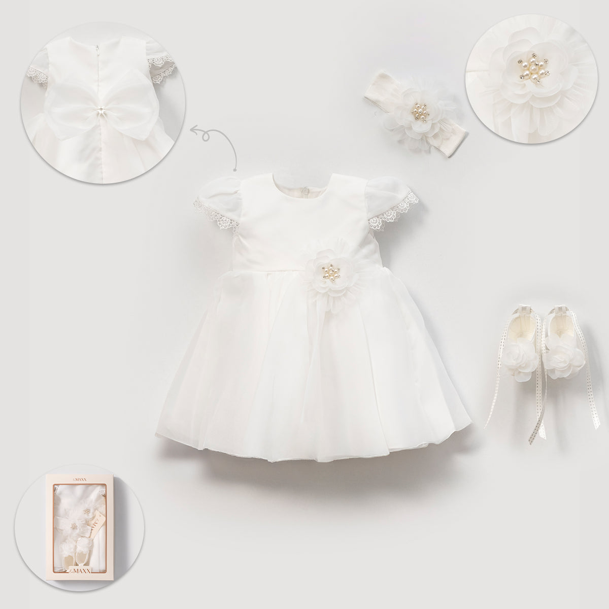 Elegantes Baby Mädchen Kleid Set – 3-teilig | Festkleid inkl. Stirnband & Schuhe | Weiß