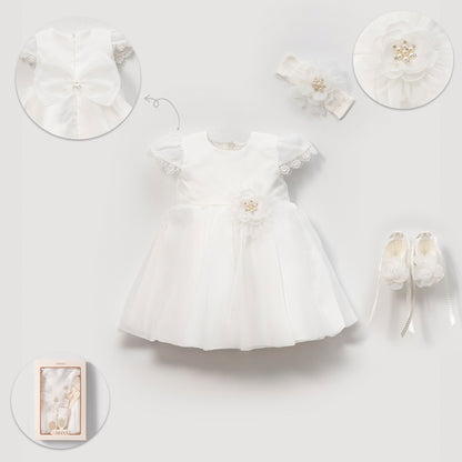 Elegantes Baby Mädchen Kleid Set – 3-teilig | Festkleid inkl. Stirnband & Schuhe | Weiß