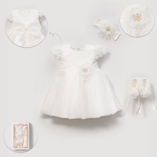 Elegantes Baby Mädchen Kleid Set – 3-teilig | Festkleid inkl. Stirnband & Schuhe | Weiß