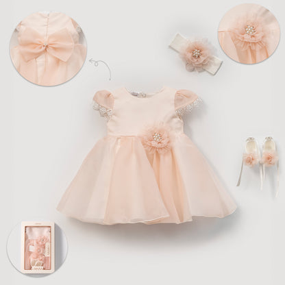 Elegantes Baby Mädchen Kleid Set – Festliches Kleid mit Stirnband & Schuhen | Taufkleid / Festkleid