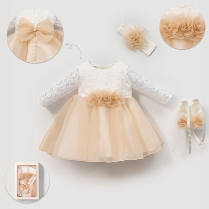 Elegantes Baby Mädchen Kleid Set – Festliches Spitzenkleid mit Stirnband & Schuhen | Taufkleid | Feierkleid