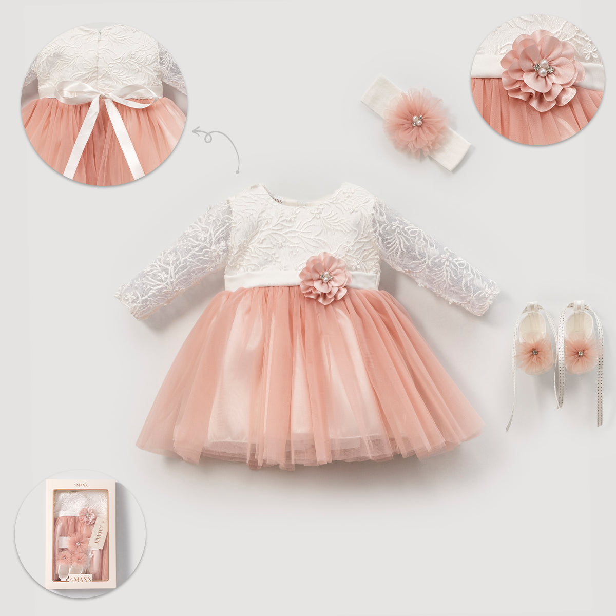 Elegantes 3-teiliges Baby Mädchen Kleid Set | Kleid, Haarband & Schuhe
