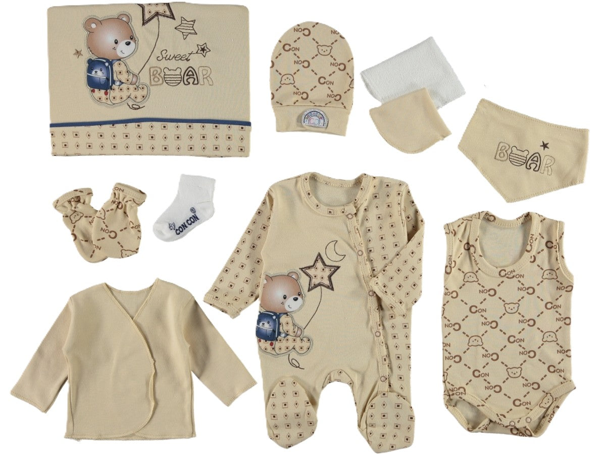 Neugeborenen Erstausstattung „Sweet Bear“ – 10-teiliges Baby-Set | Overall, Body & Zubehör