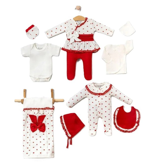 Baby Erstausstattung 10-teilig – Baumwolle Set in Rot/Weiß mit Herzchen