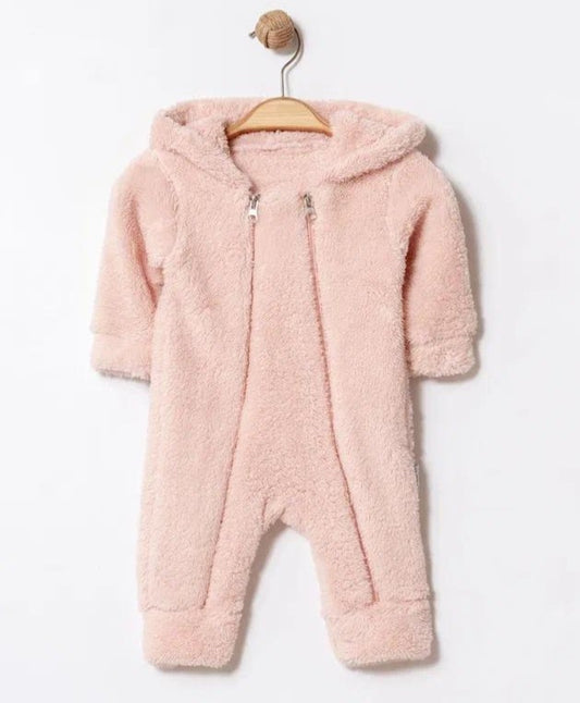 Baby Overall aus Teddyfleece – Rosa oder Grün mit Kapuze & Ohren