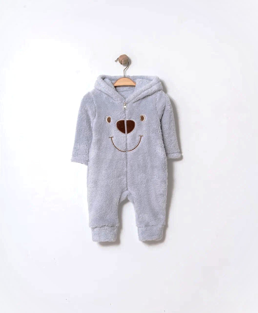 Baby Fleece Overall mit Bärchen-Gesicht – in Beige & Hellgrau