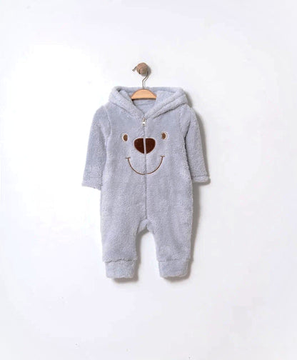 Baby Fleece Overall mit Bärchen-Gesicht – in Beige & Hellgrau