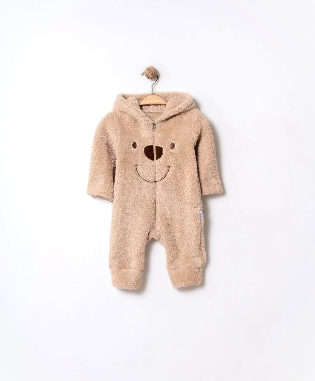 Baby Fleece Overall mit Bärchen-Gesicht – in Beige & Hellgrau