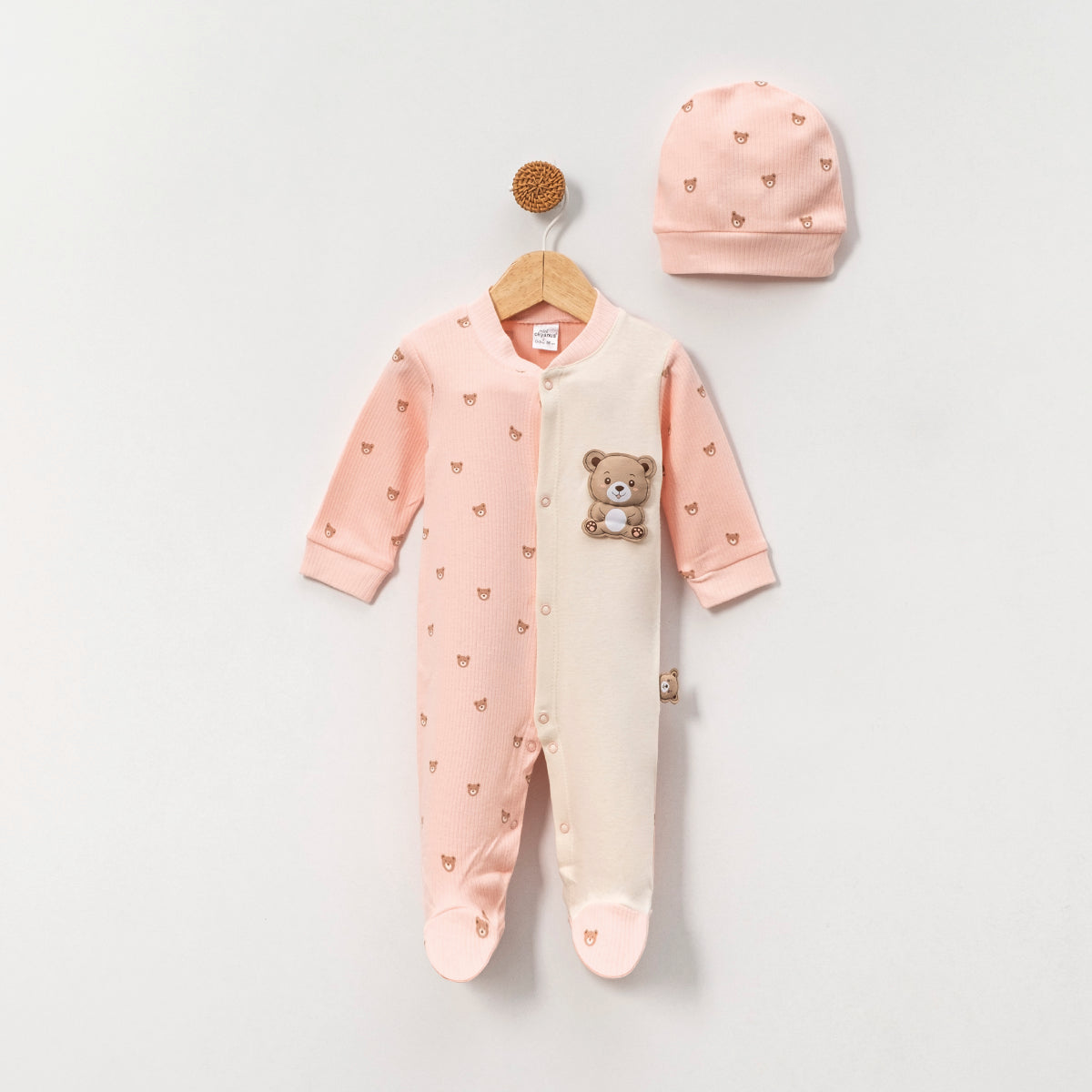 Baby Strampler mit Mütze – 2-teilig | Rosa & Blau | Mit süßem Bärchen-Motiv